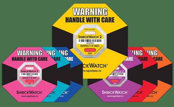 ShockWatch Label,impact indicators label,5 clors,25G(Yellow),37G(Purple),50G(Red),75G(Orange),100G(Green).